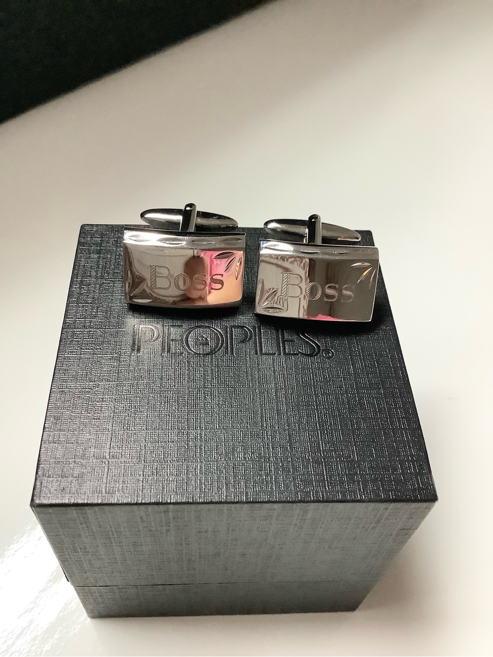 Boss Silver Rectangular Engraved Cufflinks - Picture 6 of 8